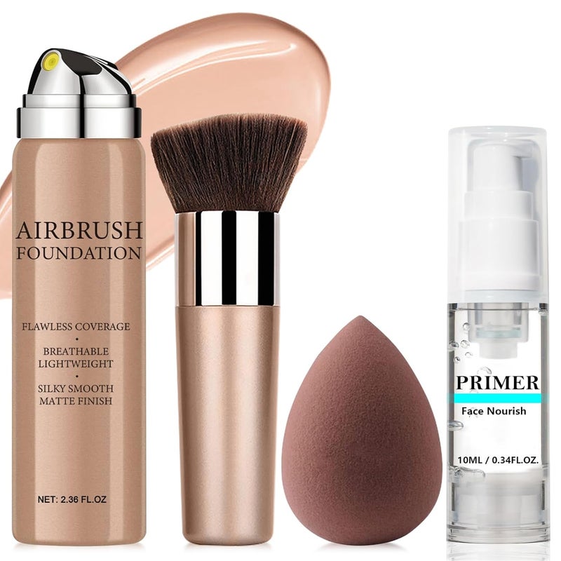 LemonSac AirBrush Foundation Spray With Primer and Brush, Silky Mist Foundation Spray Makeup, Full Coverage Foundation for Smooth Radiant Finish, Formula Breathable Lightweight Hydrating(#1 Natural)