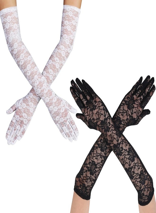 FFZDENA 2pairs Lace Gloves For Women, Wedding Long Fingerless Lace Glove, White And Black Elbow Tea Glove, Bridal Opera Evening Costume Formal, Floral Gloves For Women(40cm) - Image 1