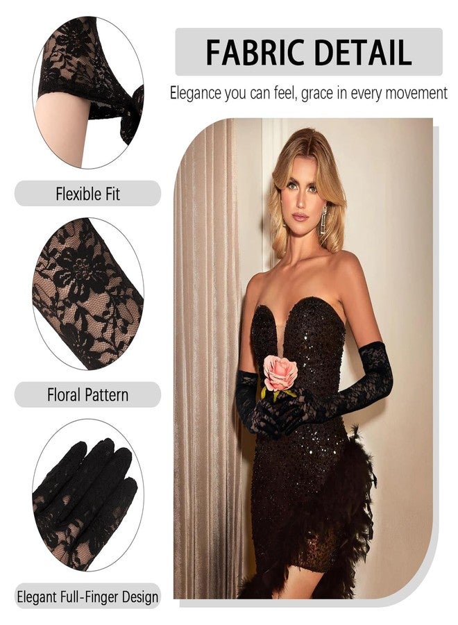FFZDENA 2pairs Lace Gloves For Women, Wedding Long Fingerless Lace Glove, White And Black Elbow Tea Glove, Bridal Opera Evening Costume Formal, Floral Gloves For Women(40cm) - Image 3