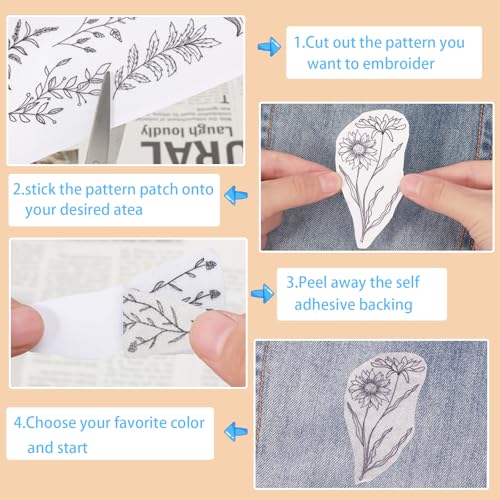 Patemby Embroidery Pattern Water Soluble Embroidery Stabilizers, Stick and Stitch Embroidery Paper Wash Away with Pre-Printed Pattern Designs Stencils Transfers for Hand Sewing Lover Beginner - Image 3
