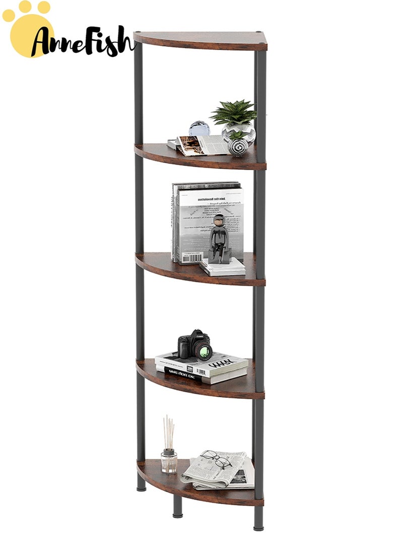 AnneFish 5Tier Corner Shelf Stand Industrial Corner Bookshelf With Metal Frame Plant Corner Display Shelf Corner Bookcase For Bedroom Living Room Rustic Brown  - Image 4