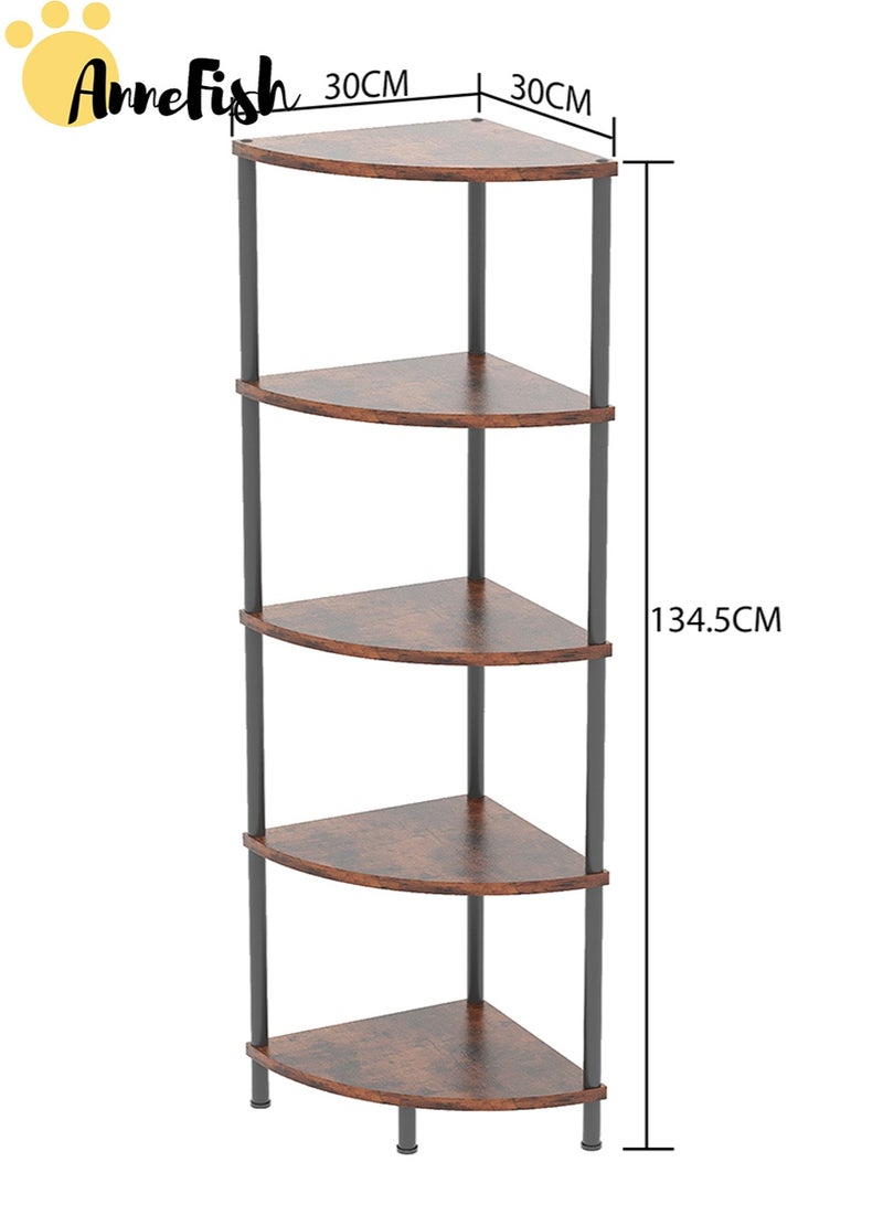 AnneFish 5Tier Corner Shelf Stand Industrial Corner Bookshelf With Metal Frame Plant Corner Display Shelf Corner Bookcase For Bedroom Living Room Rustic Brown  - Image 5