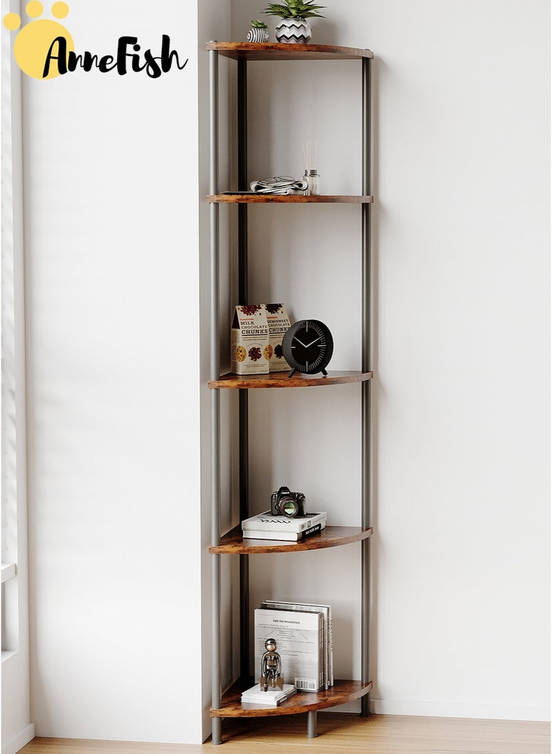 AnneFish 5Tier Corner Shelf Stand Industrial Corner Bookshelf With Metal Frame Plant Corner Display Shelf Corner Bookcase For Bedroom Living Room Rustic Brown  - Image 3