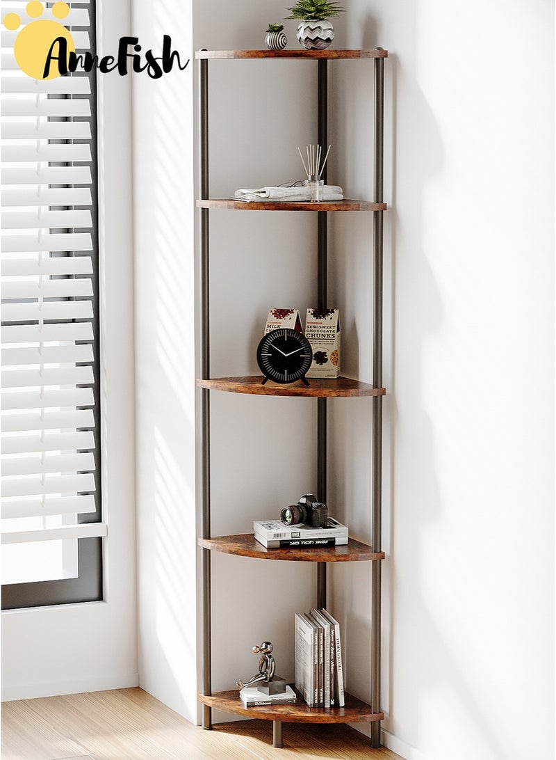 AnneFish 5Tier Corner Shelf Stand Industrial Corner Bookshelf With Metal Frame Plant Corner Display Shelf Corner Bookcase For Bedroom Living Room Rustic Brown  - Image 1