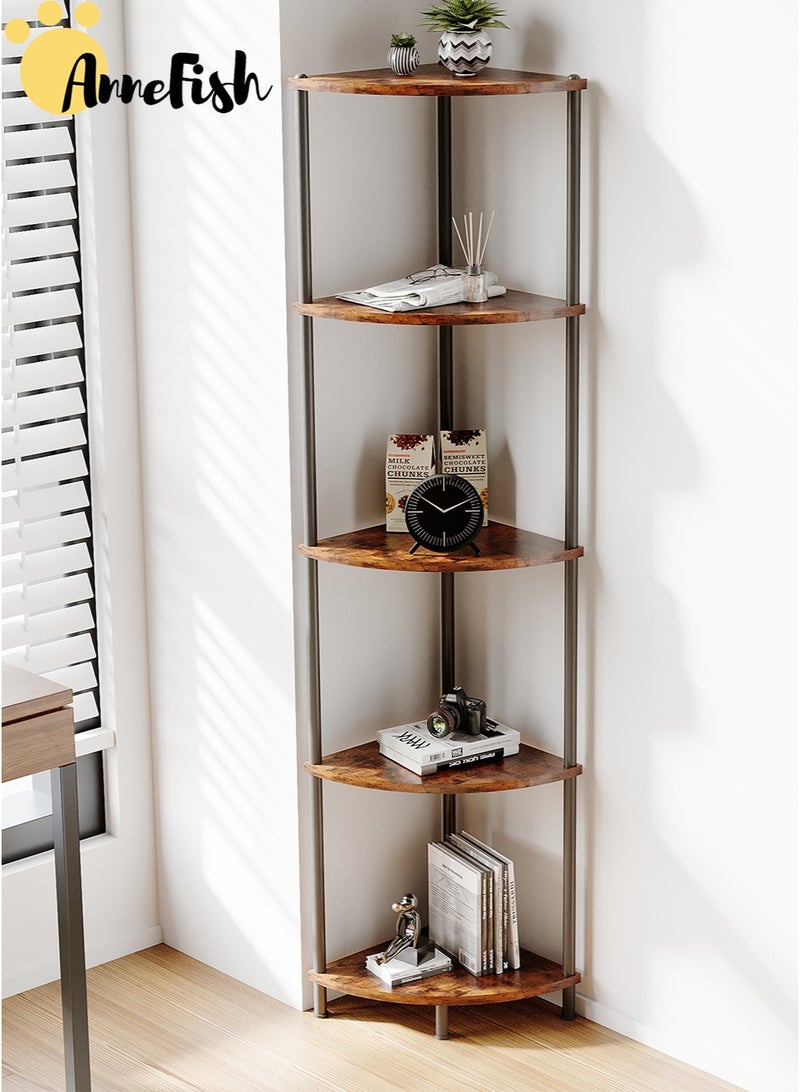 AnneFish 5Tier Corner Shelf Stand Industrial Corner Bookshelf With Metal Frame Plant Corner Display Shelf Corner Bookcase For Bedroom Living Room Rustic Brown  - Image 2