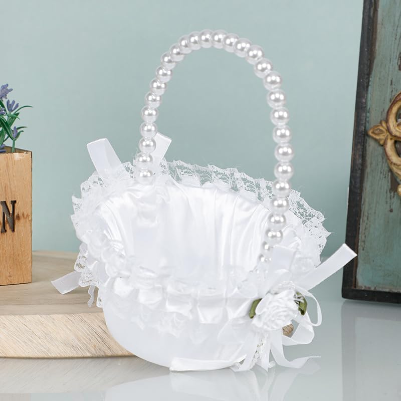 Yuudar Wedding Flower Girl Basket with Pearl Handle,Satin Flower Storage Basket for Wedding Home Garden Decor (5835 Small, 1) - Image 5