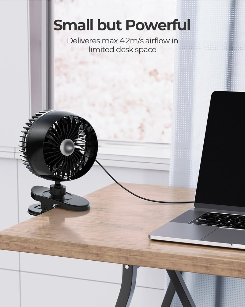 Koonie USB Clip on Fan, Strong Wind Ultra Quiet Small Desk Fan with Strong Clamp, more than 360° Adjustable and 3 Speeds, USB-C Corded Powered Mini Personal Fan for Office Desktop Bedroom - Image 2