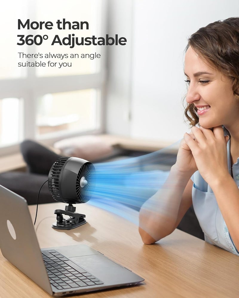 Koonie USB Clip on Fan, Strong Wind Ultra Quiet Small Desk Fan with Strong Clamp, more than 360° Adjustable and 3 Speeds, USB-C Corded Powered Mini Personal Fan for Office Desktop Bedroom - Image 5