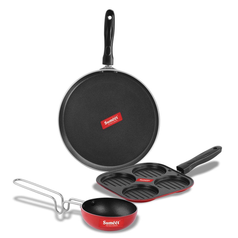 Sumeet 2.6mm Thick Non-Stick Alroy Combo set (Dosa Tawa - 26.5cm Dia + Mini Multi Snack Maker - 19.5cm Dia + Tadka Pan - 10cm Dia) - Image 1