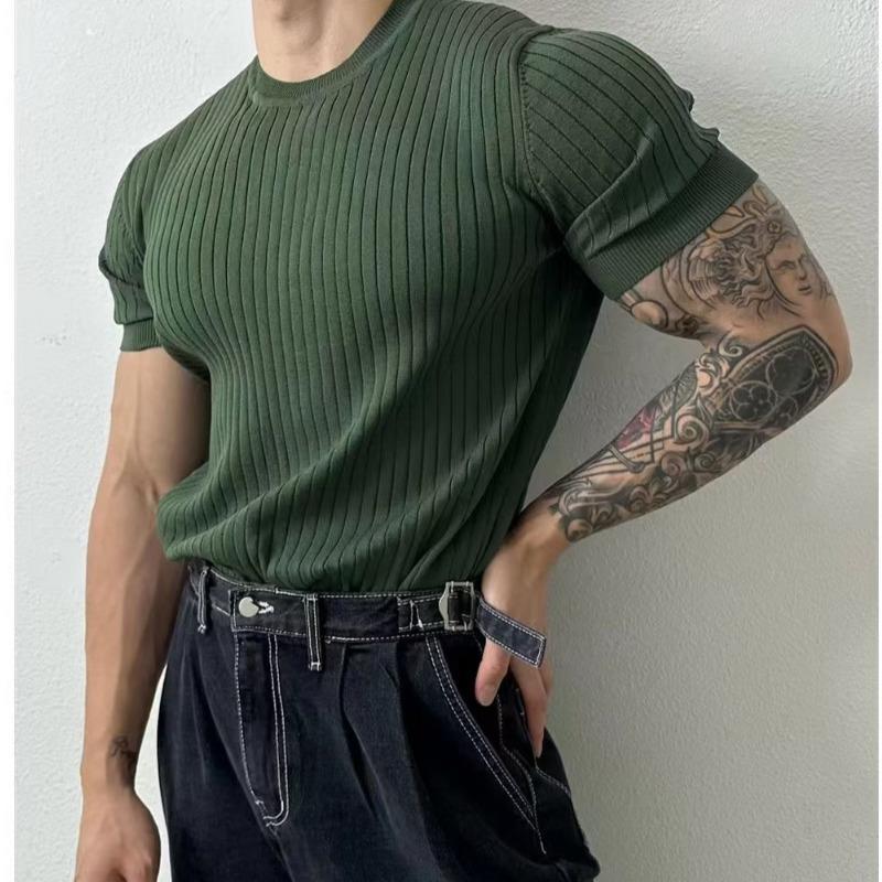 Summer Thin Round Neck Short-sleeved Sweater Men's Slim-fit Stretch Trendy All-match Design Sense Vertical Stripe Half-sleeved T-shirt - Image 1