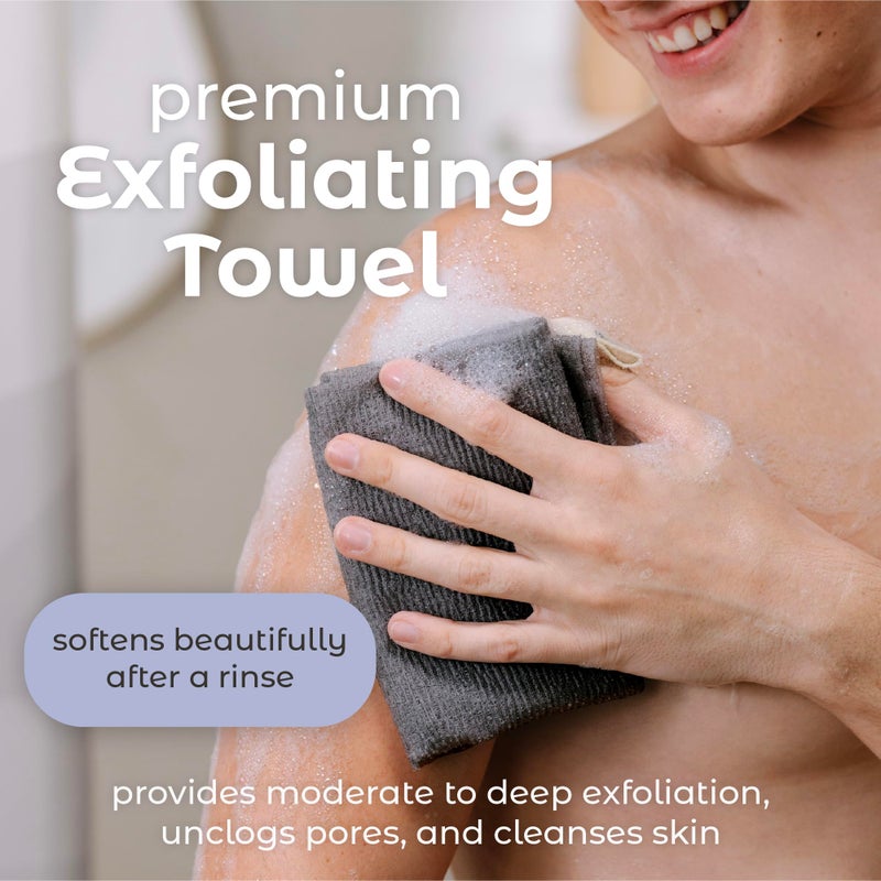 MainBasics Exfoliating Shower Towel - Japanese Nylon Bath Towel and Body Washcloth, Quick-Dry, Durable, Deep Exfoliation (Set of 3, Black Ice) - Image 2