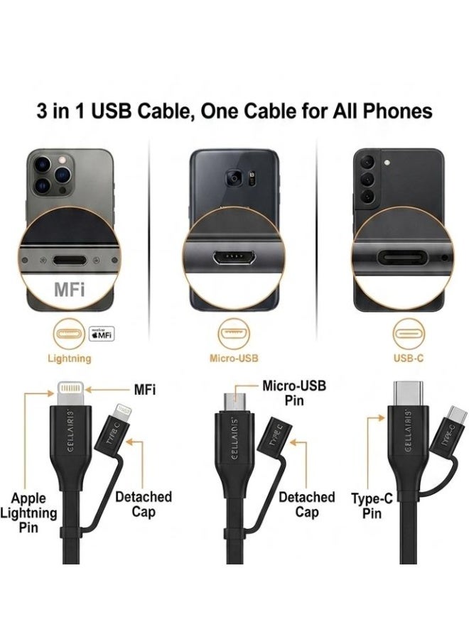 Cellairis 3-in-1 Premium Flat Cable - Universal Lightning, Type-C, and Micro USB Charging Cord (1M, 18W Fast Charging) - Image 3