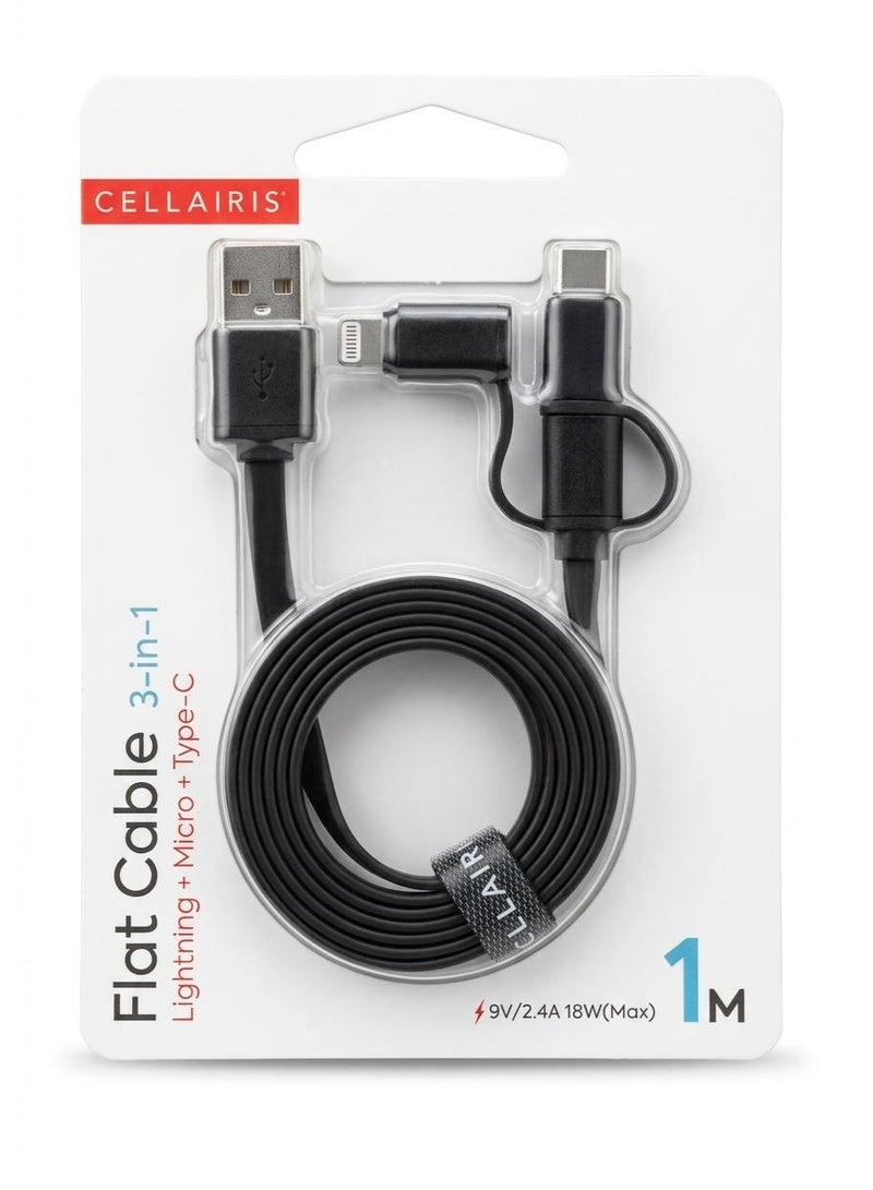 Cellairis 3-in-1 Premium Flat Cable - Universal Lightning, Type-C, and Micro USB Charging Cord (1M, 18W Fast Charging) - Image 2