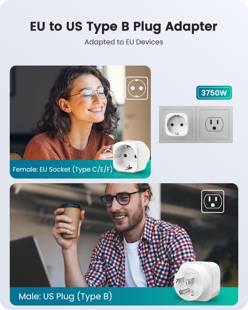 LENCENT Europe to US Plug Adapter, European to USA Adapter, American Outlet Plug Adapter, EU to US Adapter, Europe to USA Travel Plug Converter - Image 2