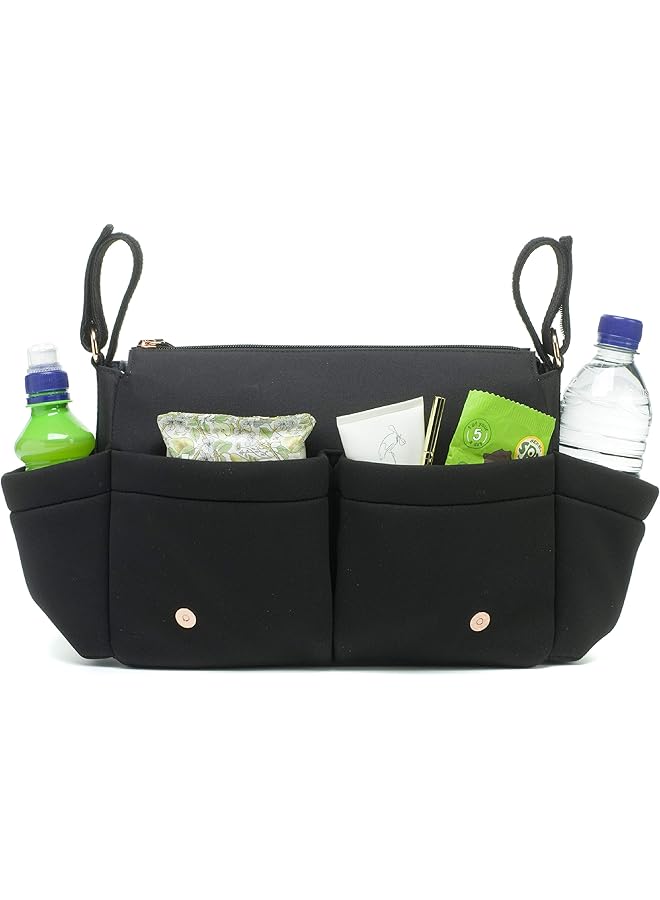 storksak Black Travel Stroller Organizer And Hanging Diaper Bag Universal Fit Large Storage Capacity Baby Caddy With Elastic Cup Holder And Integrated Accessories - Image 3