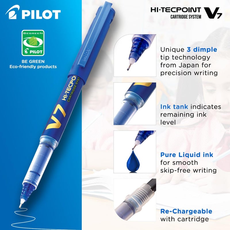 PILOT V7 Hi-tecpoint Roller ball pen with Cartridge System - 2 Blue Pens, 4 cartridges - Image 3