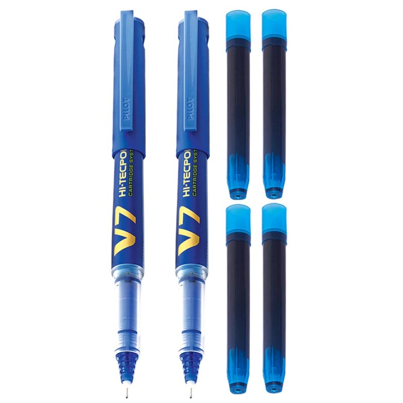 PILOT V7 Hi-tecpoint Roller ball pen with Cartridge System - 2 Blue Pens, 4 cartridges - Image 1