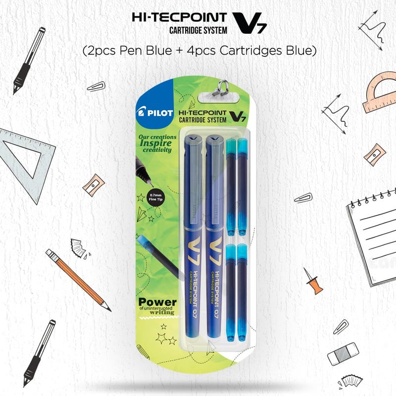 PILOT V7 Hi-tecpoint Roller ball pen with Cartridge System - 2 Blue Pens, 4 cartridges - Image 2