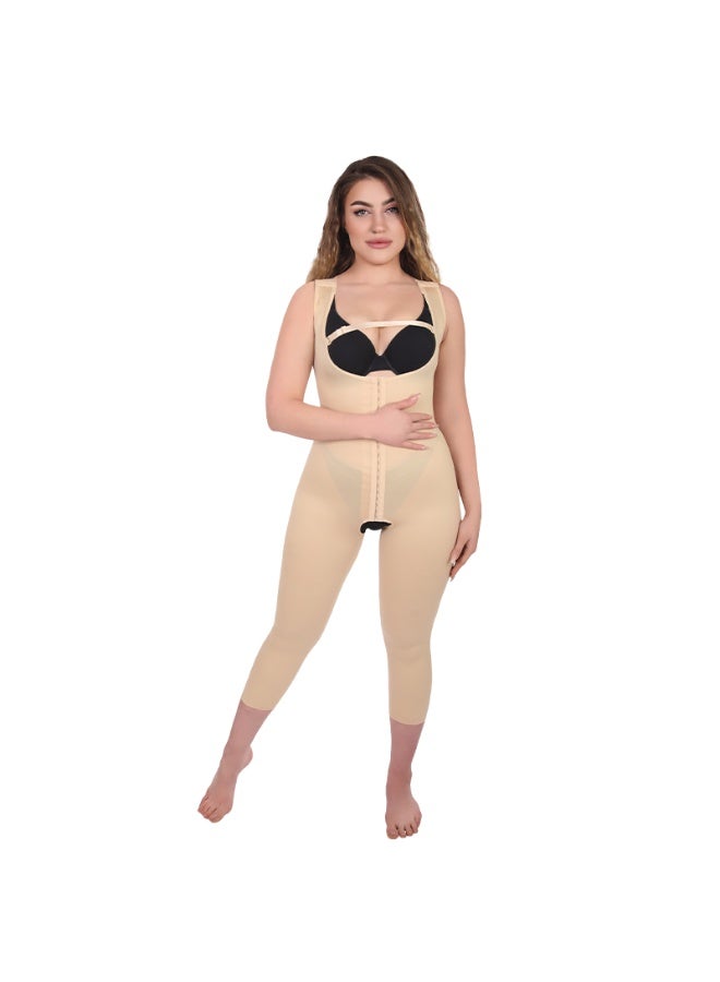 Sedra Shapely Women's full-body medical post-operative compression garment; features a front opening and inner zipper to support the abdomen, waist, and thighs; beige. - Image 1