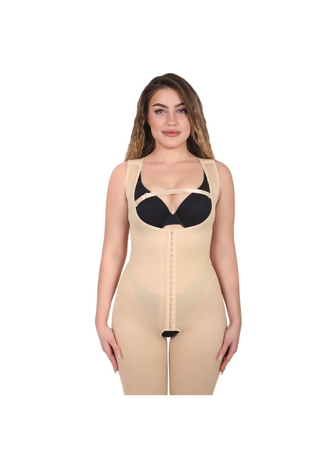 Sedra Shapely Women's full-body medical post-operative compression garment; features a front opening and inner zipper to support the abdomen, waist, and thighs; beige. - Image 2
