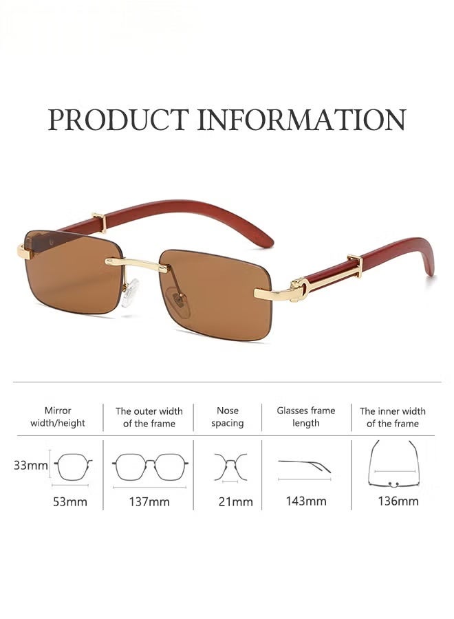 Women's Rectangular Rimless Sunglasses, UV400 Protection Sun Glasses with Wooden Texture Temples and Brown Lens, Fashion Anti-glare Sun Shades for Women with Glasses Case, 53mm - Image 4