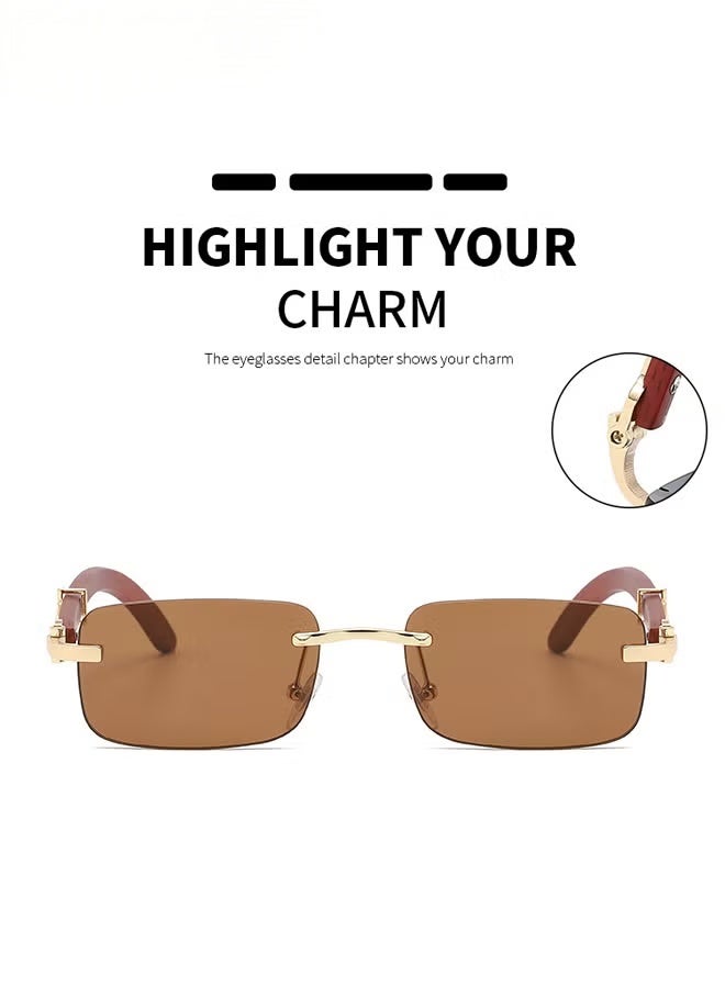 Women's Rectangular Rimless Sunglasses, UV400 Protection Sun Glasses with Wooden Texture Temples and Brown Lens, Fashion Anti-glare Sun Shades for Women with Glasses Case, 53mm - Image 3