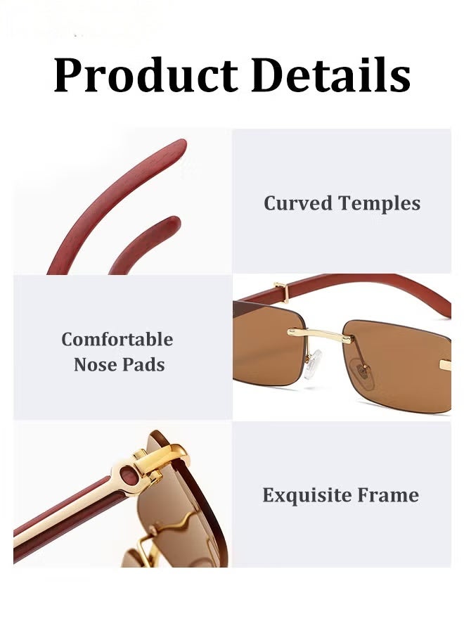 Women's Rectangular Rimless Sunglasses, UV400 Protection Sun Glasses with Wooden Texture Temples and Brown Lens, Fashion Anti-glare Sun Shades for Women with Glasses Case, 53mm - Image 5