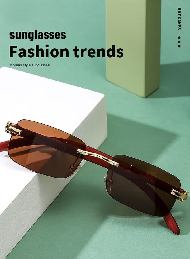 Women's Rectangular Rimless Sunglasses, UV400 Protection Sun Glasses with Wooden Texture Temples and Brown Lens, Fashion Anti-glare Sun Shades for Women with Glasses Case, 53mm - Image 2