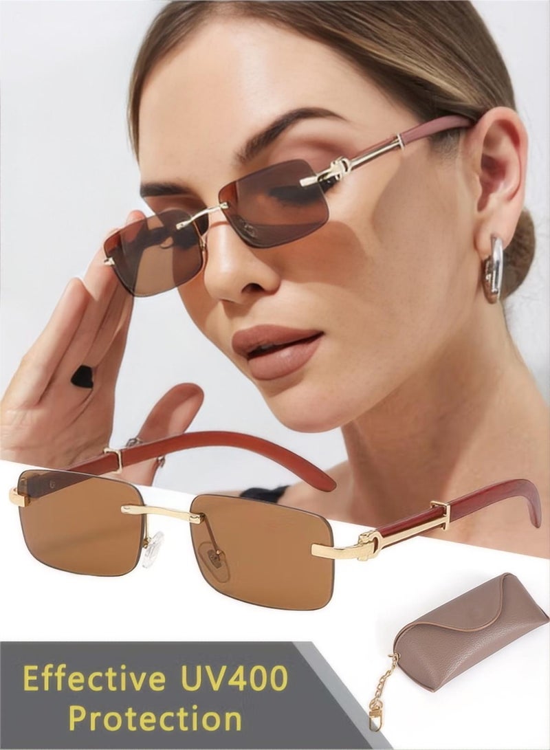 Women's Rectangular Rimless Sunglasses, UV400 Protection Sun Glasses with Wooden Texture Temples and Brown Lens, Fashion Anti-glare Sun Shades for Women with Glasses Case, 53mm - Image 1