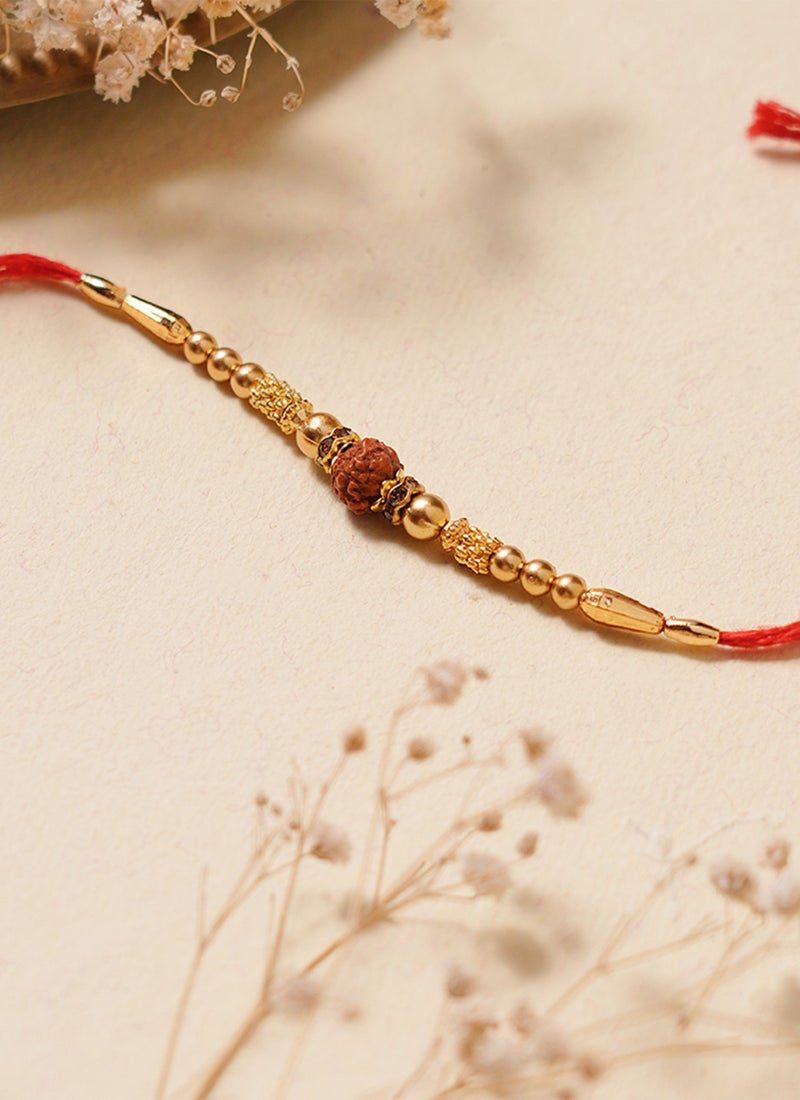 Madhoor Rudraksha Rakhi for Brother Gold-Tone Red Yellow Designer Raksha Bandhan Thread ,Premium Handmade ,1 Piece-36 CM - Image 1