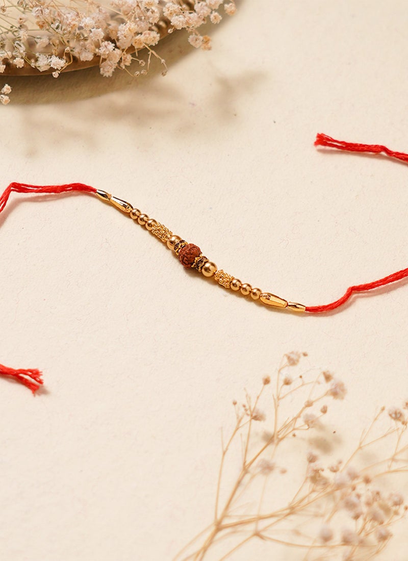 Madhoor Rudraksha Rakhi for Brother Gold-Tone Red Yellow Designer Raksha Bandhan Thread ,Premium Handmade ,1 Piece-36 CM - Image 2