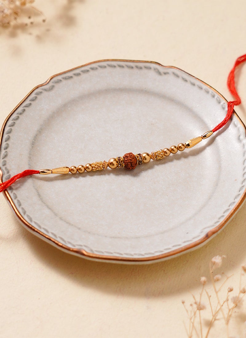 Madhoor Rudraksha Rakhi for Brother Gold-Tone Red Yellow Designer Raksha Bandhan Thread ,Premium Handmade ,1 Piece-36 CM - Image 3