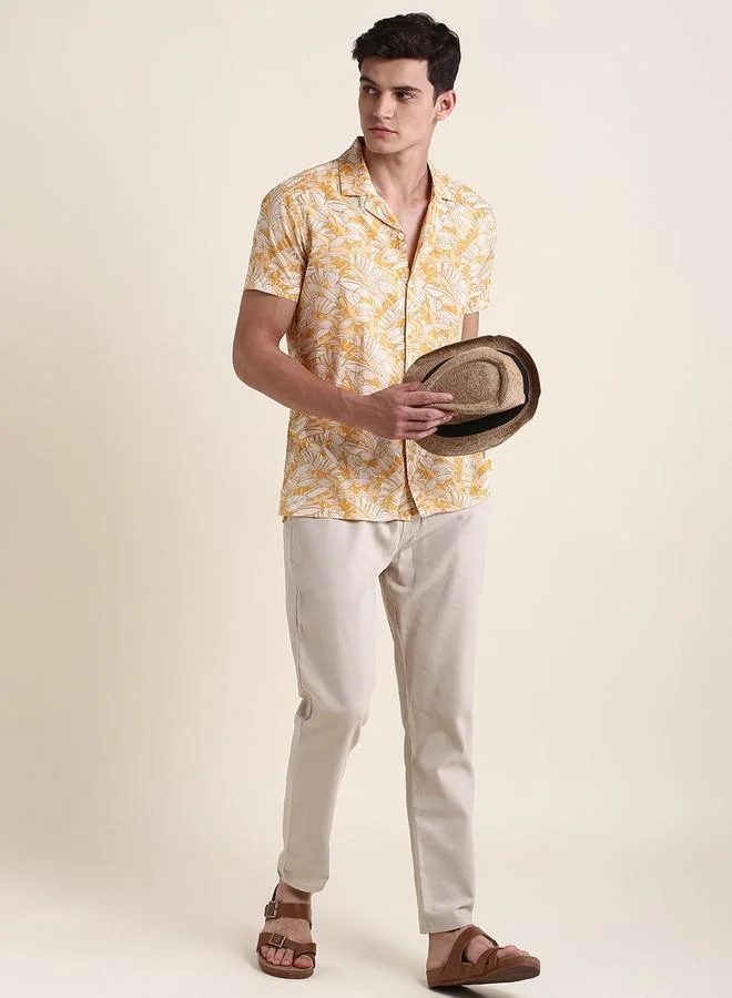 Dennis Lingo Men Yellow Floral Printed Cuban Collar Cotton Shirt