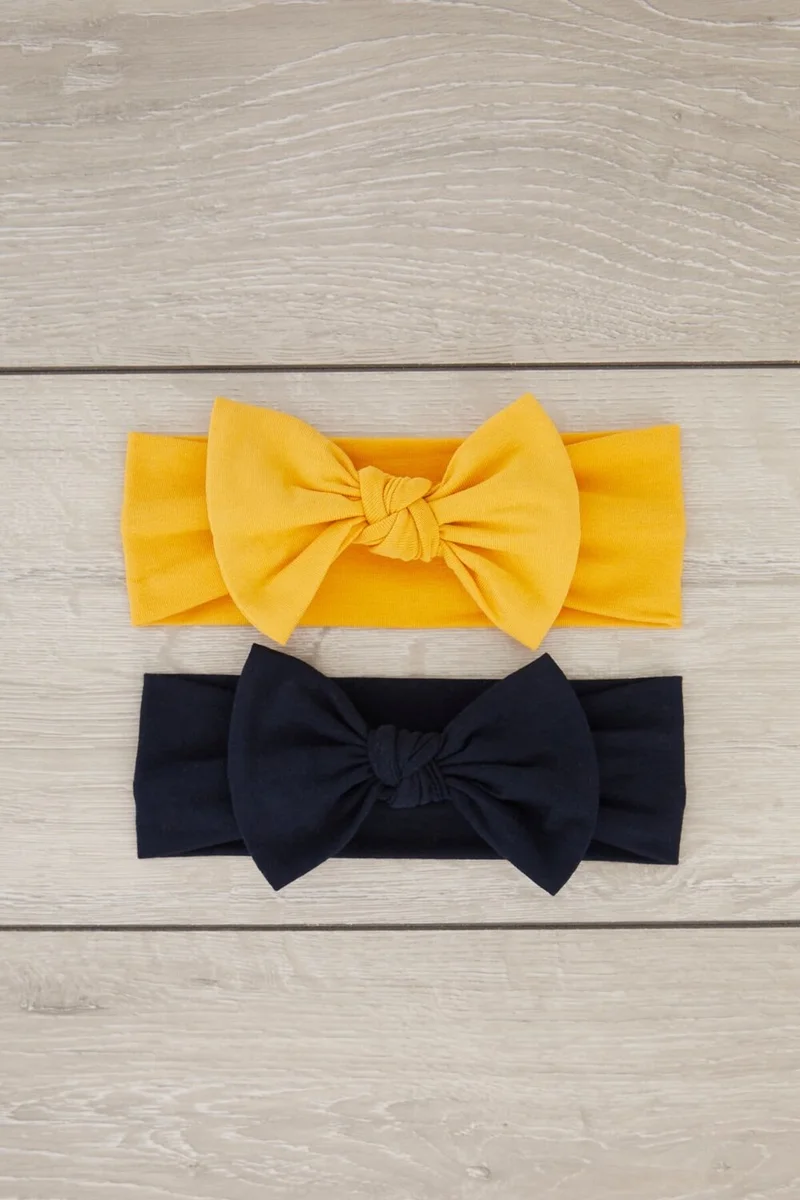 بيبيجيز Handmade Soft Bow Tied Natural Cotton Combed Cotton 2-Pack Baby Kids Girl Bandana Black Mustard