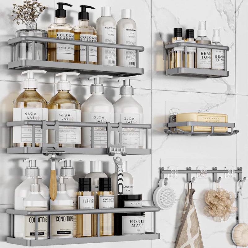 YASONIC Shower Caddy 6 Pack Large Capacity shower Organizer with Soap Holder and 12 Hooks Rustproof Shower Shelves for Inside Shower No DrillingSleek Bathroom Organizers and Storage Grey - Image 2