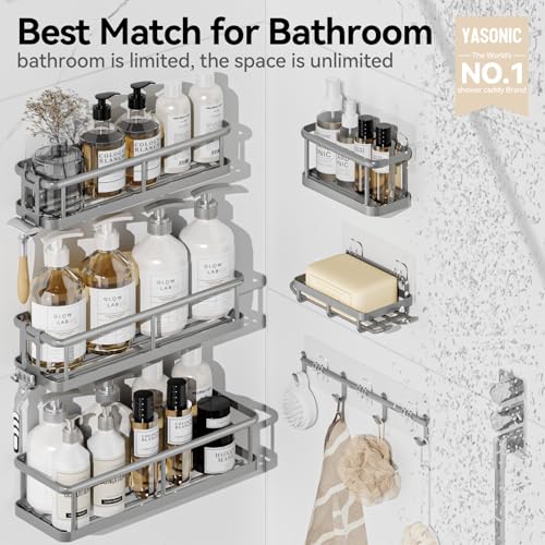 YASONIC Shower Caddy 6 Pack Large Capacity shower Organizer with Soap Holder and 12 Hooks Rustproof Shower Shelves for Inside Shower No DrillingSleek Bathroom Organizers and Storage Grey - Image 3