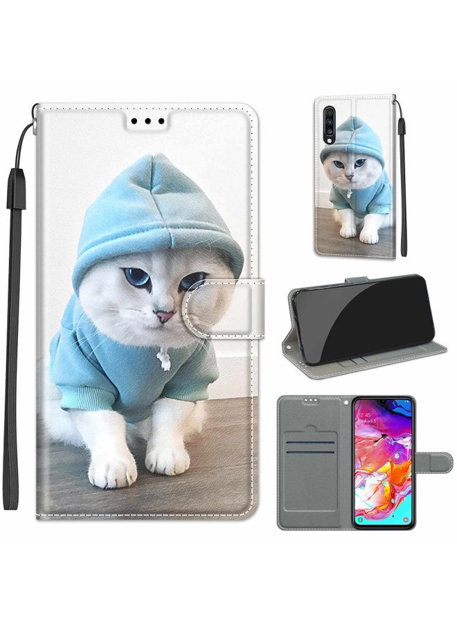 Case Cover For Samsung Galaxy A70 Voltage Colored Drawing Magnetic Clasp Horizontal Flip PU Leather Case with Holder & Card Slots C15 Blue Sweater White Cat