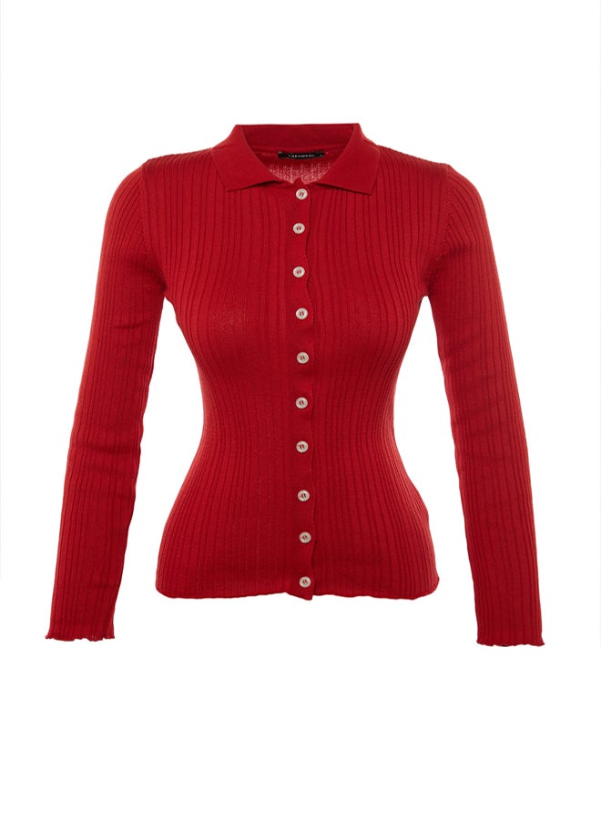 trendyol Red Mercerized Look Ribbed Polo Collar Knitwear Cardigan - Image 5