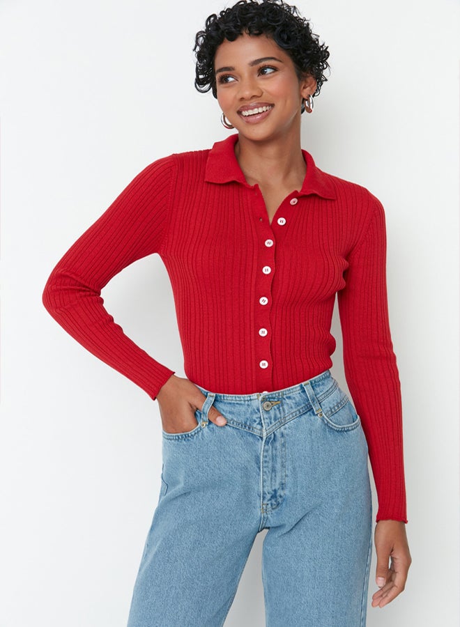 trendyol Red Mercerized Look Ribbed Polo Collar Knitwear Cardigan - Image 1