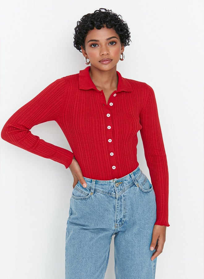 trendyol Red Mercerized Look Ribbed Polo Collar Knitwear Cardigan - Image 2