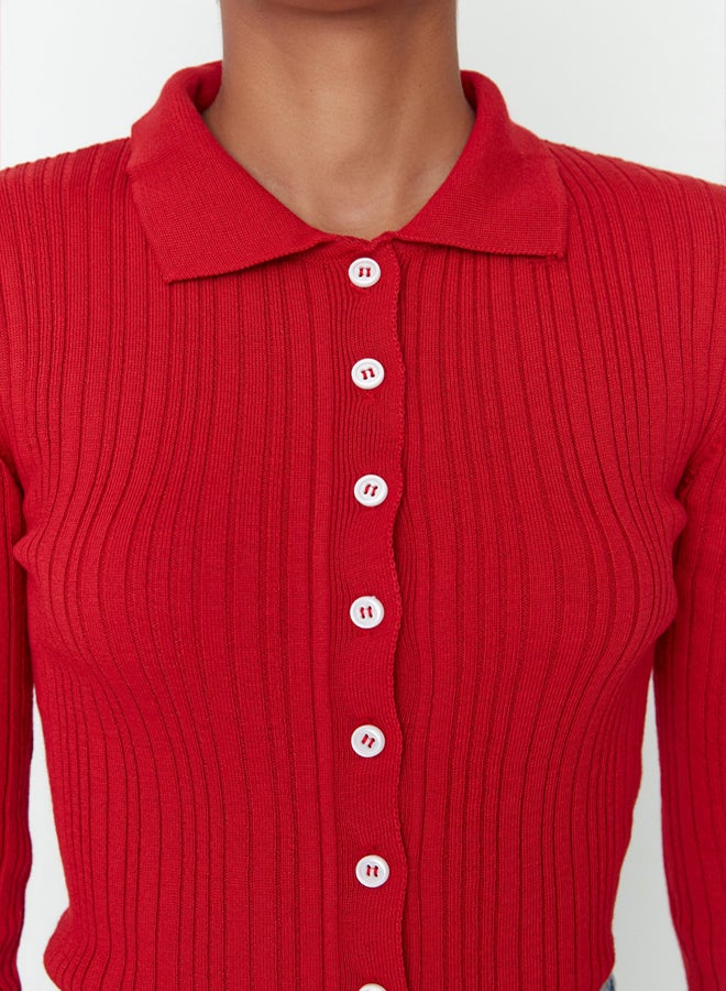 trendyol Red Mercerized Look Ribbed Polo Collar Knitwear Cardigan - Image 4