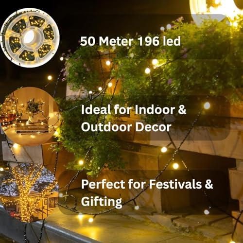 One94Store 50 Meter LED String Lights | 196 Warm White Pixel LEDs on Reel | Plug-in Copper Wire Fairy Lights for Diwali, Christmas, Wedding, Party & Home - Image 3