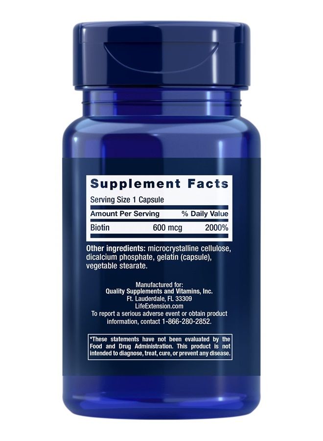 Life Extension بيوتين 600 ميكروغرام مكمل دعم فيتامين ب7 لشعر جميل وأظافر وأكثر - خالي من الغلوتين، غير معدل وراثيًا - 100 كبسولة - Image 2