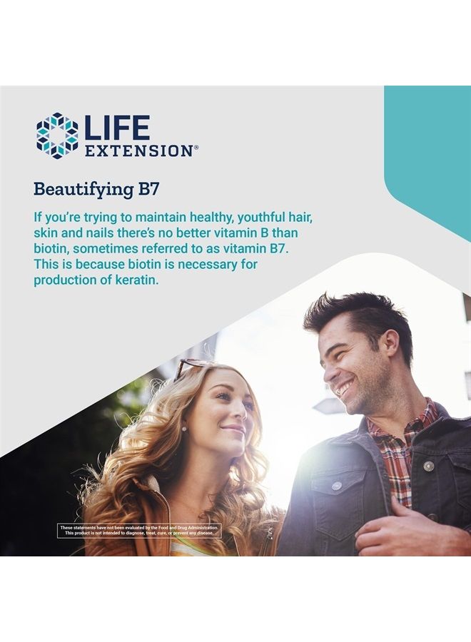 Life Extension بيوتين 600 ميكروغرام مكمل دعم فيتامين ب7 لشعر جميل وأظافر وأكثر - خالي من الغلوتين، غير معدل وراثيًا - 100 كبسولة - Image 5