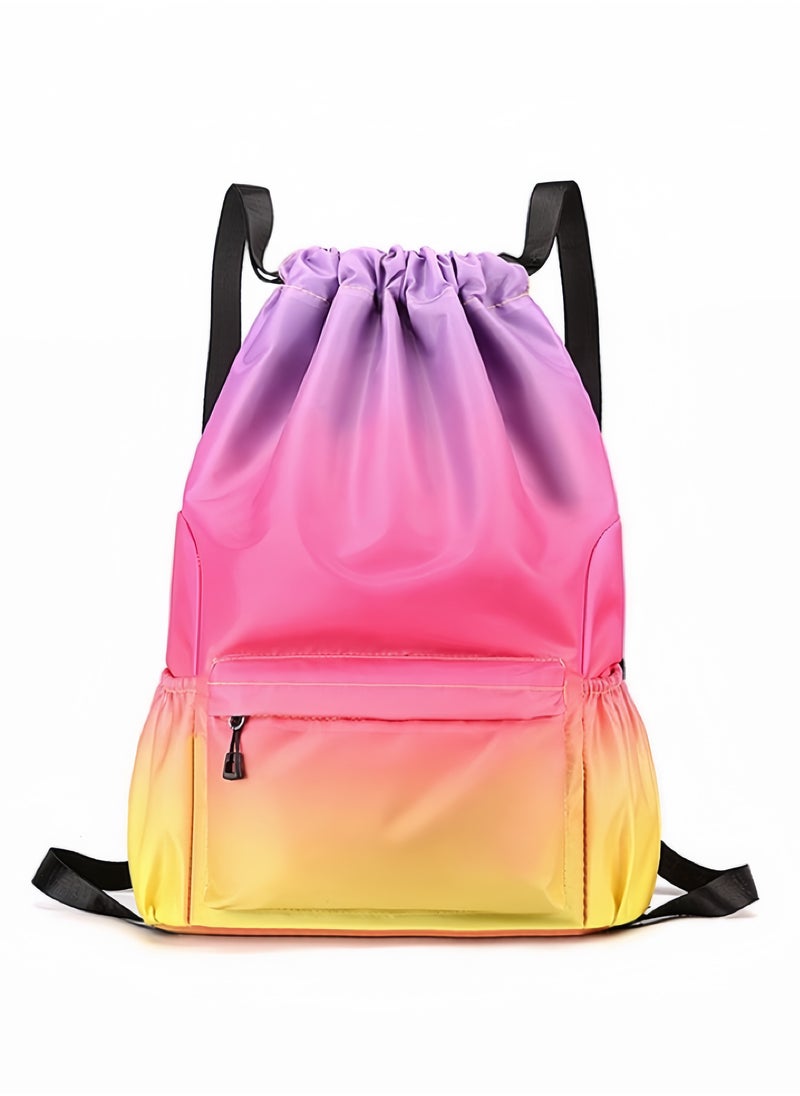 Ayeeb Rainbow Backpack Drawstring Sack Pack Lightweight Design,Multifunctional Portable Large Storage Machine Washable Gradient Pink Yellow Travel Bag for All Purposes, Durable Rainproof with Zipper Pocket  - Image 1