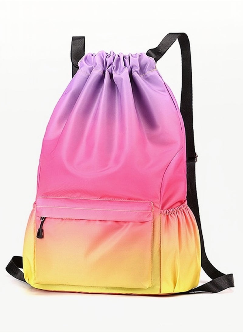 Ayeeb Rainbow Backpack Drawstring Sack Pack Lightweight Design,Multifunctional Portable Large Storage Machine Washable Gradient Pink Yellow Travel Bag for All Purposes, Durable Rainproof with Zipper Pocket  - Image 2