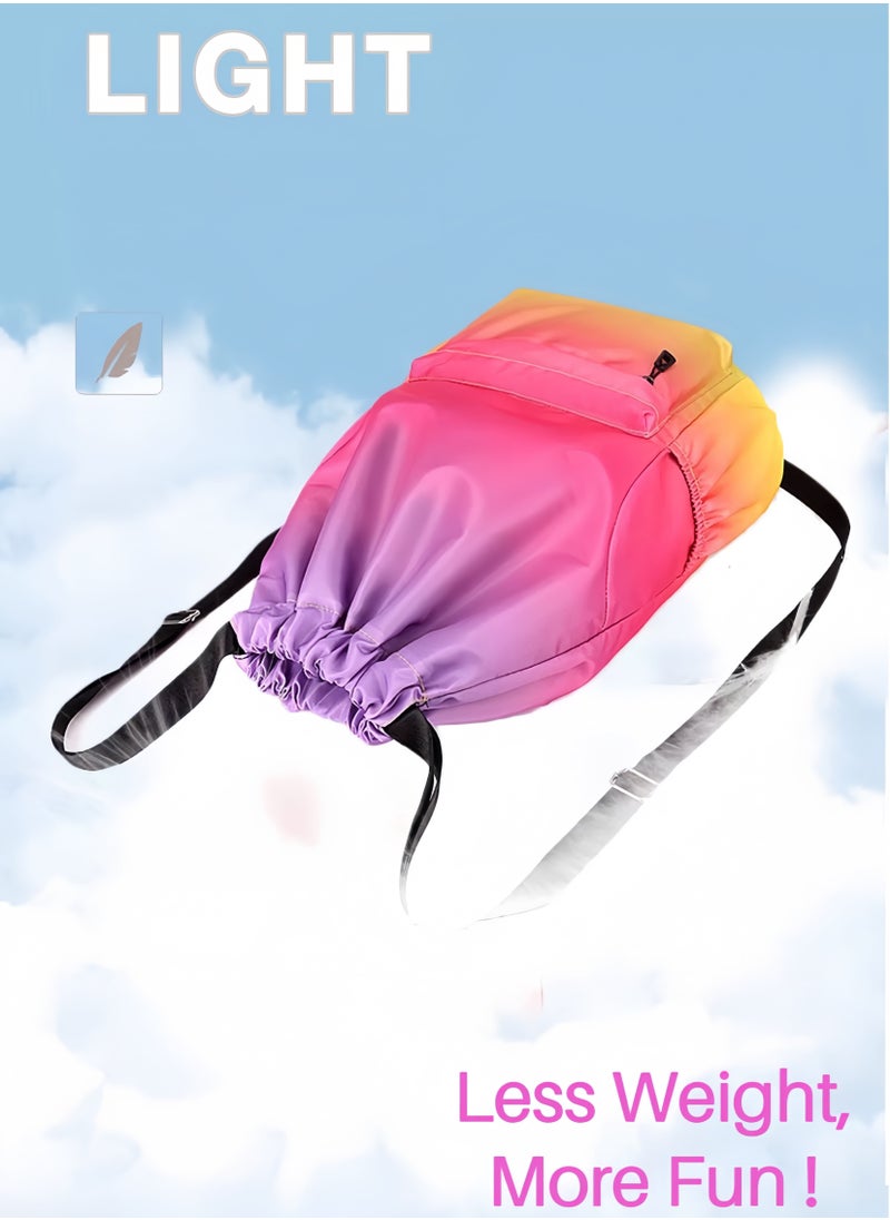 Ayeeb Rainbow Backpack Drawstring Sack Pack Lightweight Design,Multifunctional Portable Large Storage Machine Washable Gradient Pink Yellow Travel Bag for All Purposes, Durable Rainproof with Zipper Pocket  - Image 3
