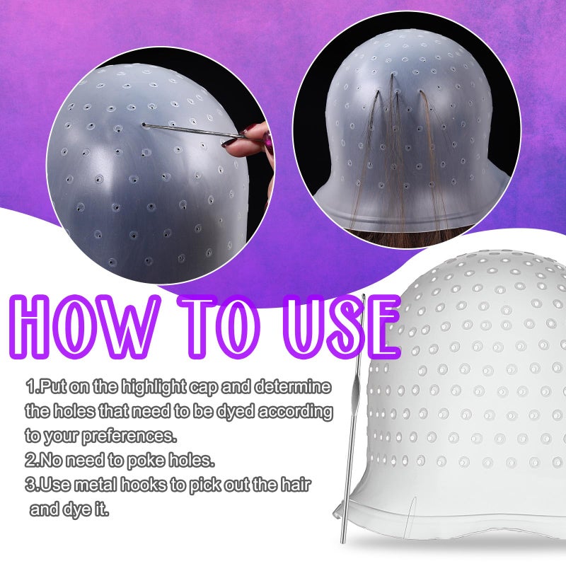Jexine 2 Pcs Hair Coloring Highlighting Cap Reusable Silicone Highlight Cap Pull Through Caps for Hair Coloring Frosting Cap with Hook Hair Dye Cap with Holes Hair Salon Tools Hairdressing Highlighting Kit - Image 3