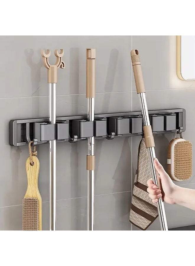 Space Saving Wall Mounted Mop Broom Holder Adjustable Height No Drilling Space Silvery - Image 2
