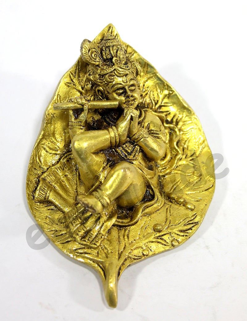 ESPLANADE Brass Krishna Krishan Makhan Chor Laddoo Gopal Baby Kishan Thakurji Murti on Leaf Idol Statue Sculpture - Golden - 5.75" Inches - Image 2